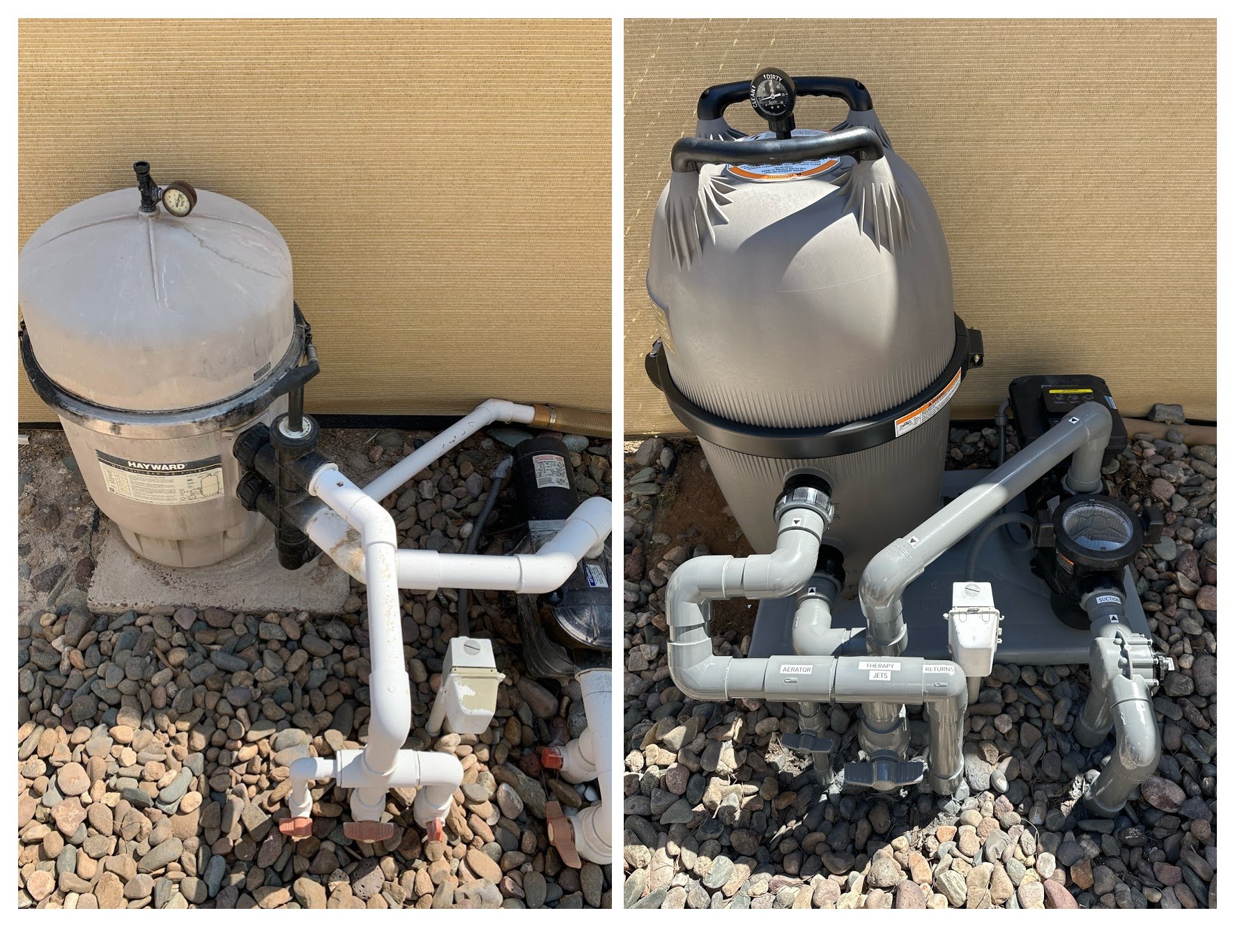 New equipment set installed with upgraded plumbing, painted pipes, and clear labeling for easy identification.

Clean equipment pads aren&rsquo;t just about looks &mdash; proper layout and labeling make future service and troubleshooting faster and m