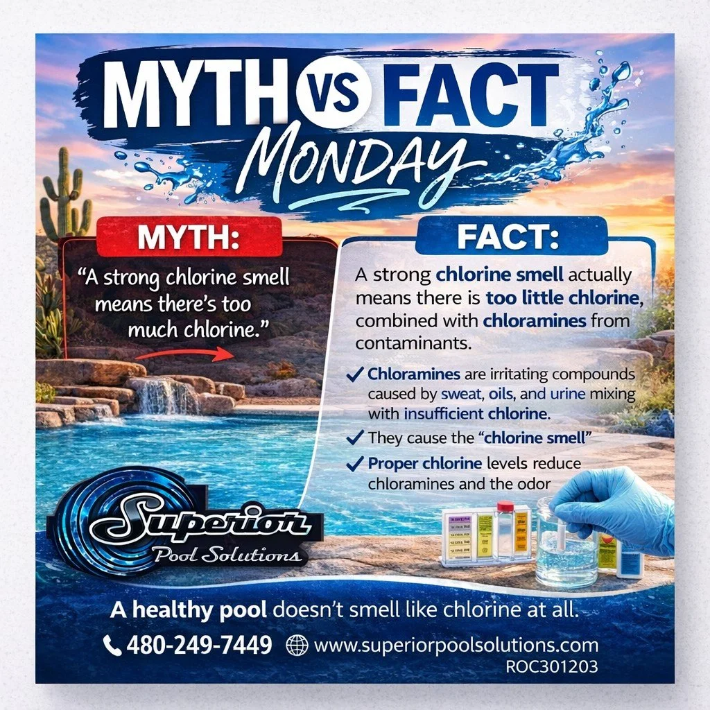 🧪 Myth vs Fact Monday

MYTH: If your pool smells strongly like chlorine, it means there&rsquo;s too much chlorine.

FACT: That strong &ldquo;chlorine smell&rdquo; actually means the opposite.

The smell usually comes from chloramines, which form whe