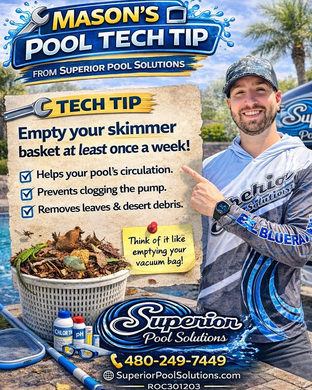 🚨 POOL TECH TIP 🚨
When was the last time you emptied your skimmer basket? 👀

It might seem small&hellip; but it makes a BIG difference in your pool&rsquo;s health.

✅ Keeps your water circulating properly
✅ Helps prevent pump issues
✅ Stops debris
