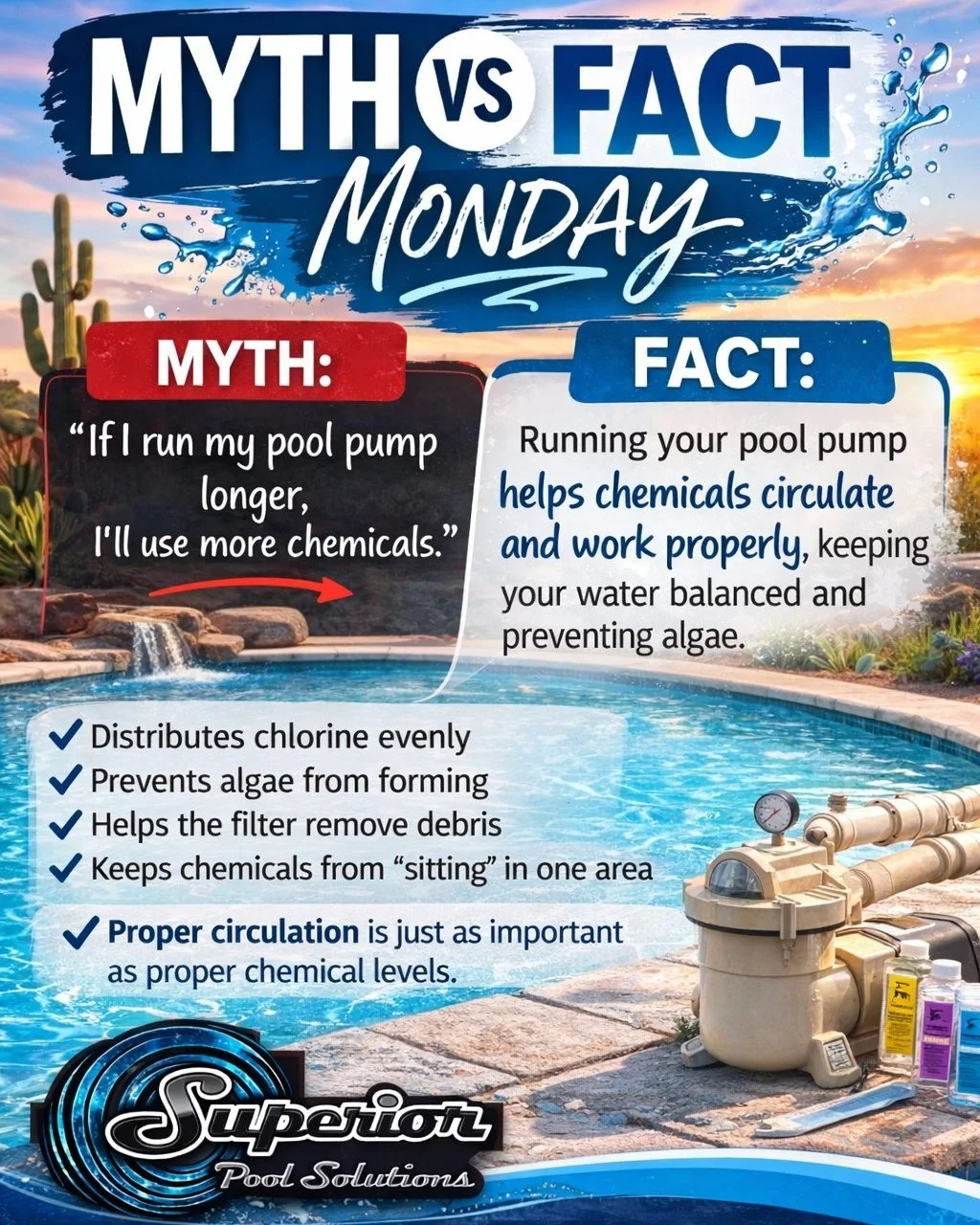MYTH: Running my pool pump longer means I&rsquo;ll use more chemicals.

FACT: Running your pool pump longer actually helps your chemicals circulate and work properly.

When water isn&rsquo;t moving, chemicals can &ldquo;sit&rdquo; in one area and bec