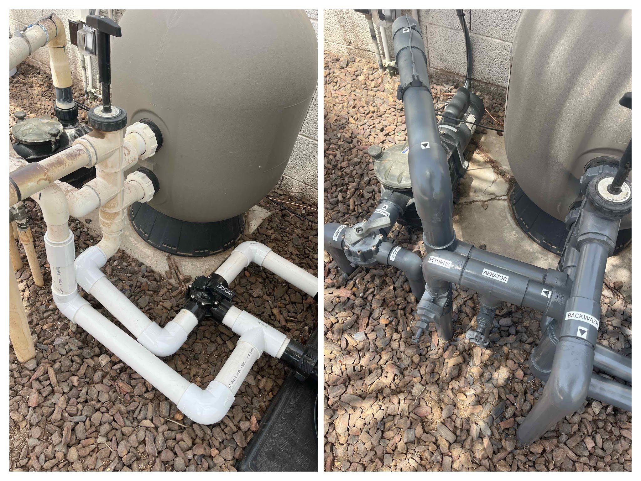 Before &amp; After: Pipe Enhancement

Pool plumbing sits outside in the Arizona sun year-round. To help protect exposed pipes, we apply exterior acrylic paint and label the plumbing lines for easier identification.

✔ Helps protect pipes from sun exp