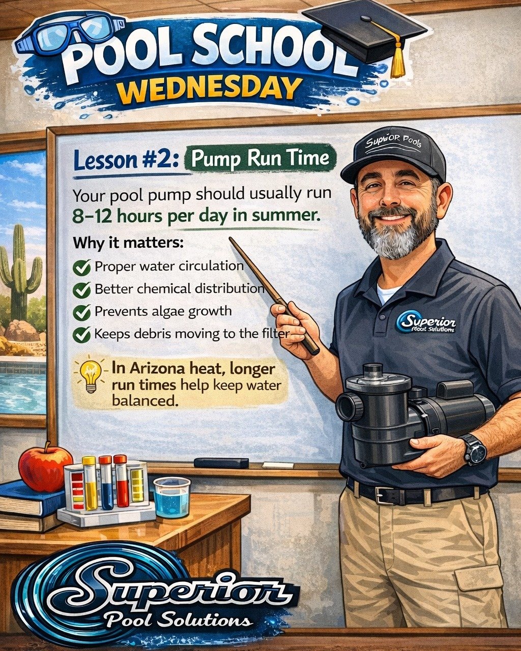 🎓 POOL SCHOOL WEDNESDAY 🎓

No tricks here&hellip; just a solid pool tip 😉

Your pool pump should be running 8&ndash;12 hours a day in the summer to keep everything circulating properly.

✔ Keeps water moving
✔ Helps chemicals do their job
✔ Preven