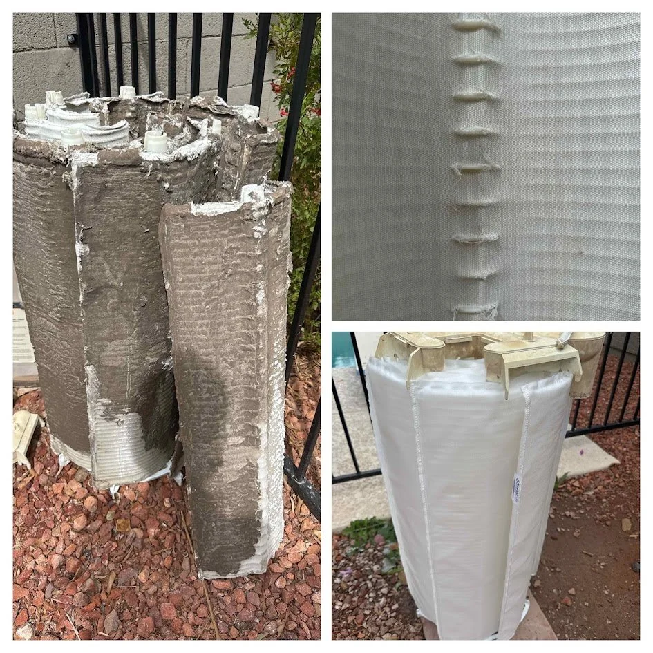 During a recent filter cleaning we discovered several torn DE grids.

These grids are responsible for trapping the fine particles that keep your pool water crystal clear.

When they tear:
&bull; DE powder can return to the pool
&bull; filtration beco
