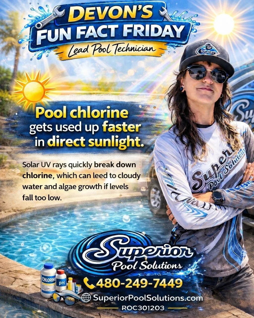 Arizona sunshine is great for swimming&hellip; but it can be tough on pool chlorine.

Direct UV sunlight breaks down chlorine faster, which means pools can lose sanitizer more quickly during sunny days. When chlorine levels drop too low, it can lead 