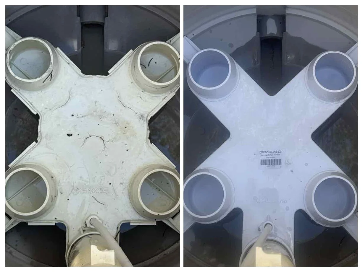 During a recent filter service we found a cracked manifold, the part that connects the filter grids and directs water through the system.

When this piece fails, the filter can&rsquo;t distribute water properly.

We replaced the damaged manifold and 