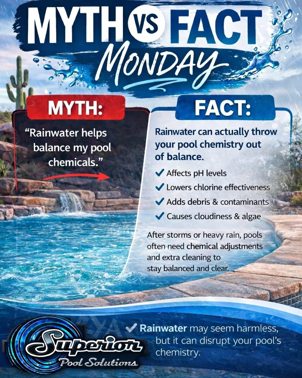 🌧 Myth vs Fact Monday

MYTH: Rainwater helps balance my pool chemicals.

FACT: Rain can actually throw your pool chemistry out of balance.

Rainwater often brings debris, dust, and contaminants that can affect your pool&rsquo;s pH, alkalinity, and c