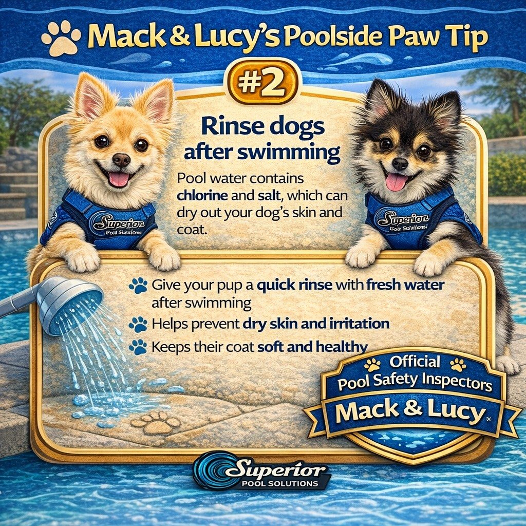 🐾 Mack &amp; Lucy&rsquo;s Poolside Paw Tip #2 🐾

Just because your pup had fun in the pool doesn&rsquo;t mean they&rsquo;re done for the day! 💦

Pool water contains chlorine and salt, which can dry out your dog&rsquo;s skin and coat over time.

💙