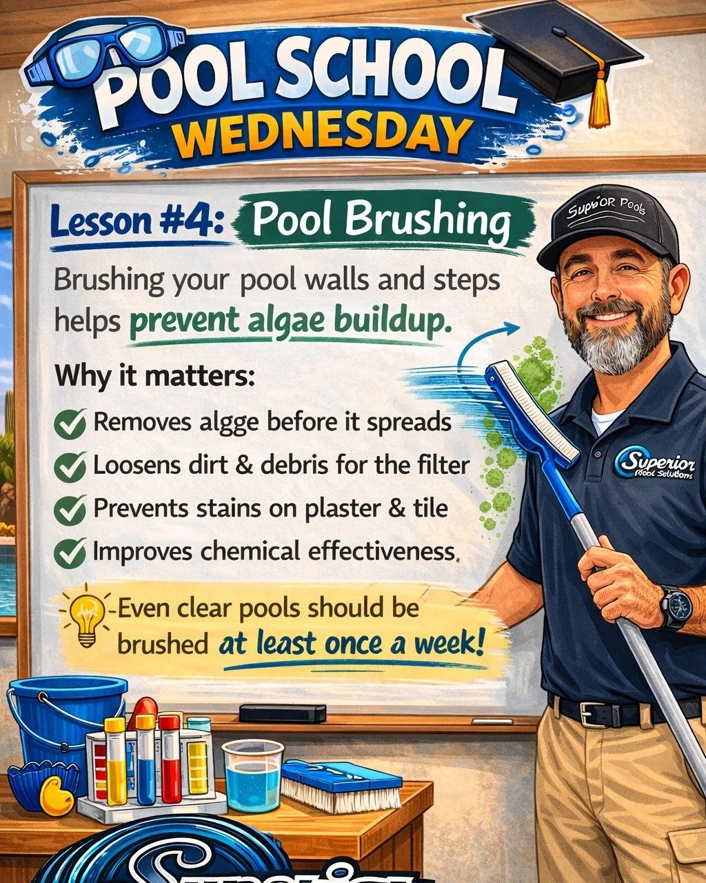 📚 Pool School Wednesday

Lesson #4: Brush your pool 🧼

It&rsquo;s not just for looks 👇
✔️ Stops algae before it spreads
✔️ Helps your filter do its job
✔️ Keeps your surfaces clean
✔️ Makes chemicals work better

💧 Even clear pools need brushing 