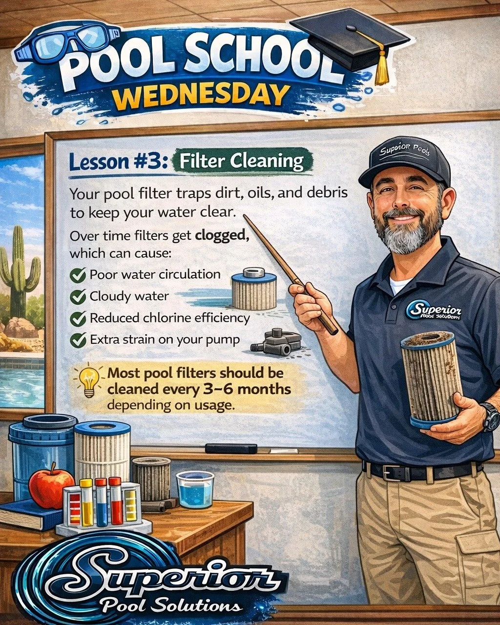 📚 Pool School Wednesday is in session!

Lesson #3: Filter Cleaning 💧

Your filter is your pool&rsquo;s first line of defense &mdash; but when it gets clogged, everything suffers.

🚫 Poor circulation
🚫 Cloudy water
🚫 Chlorine not working like it 