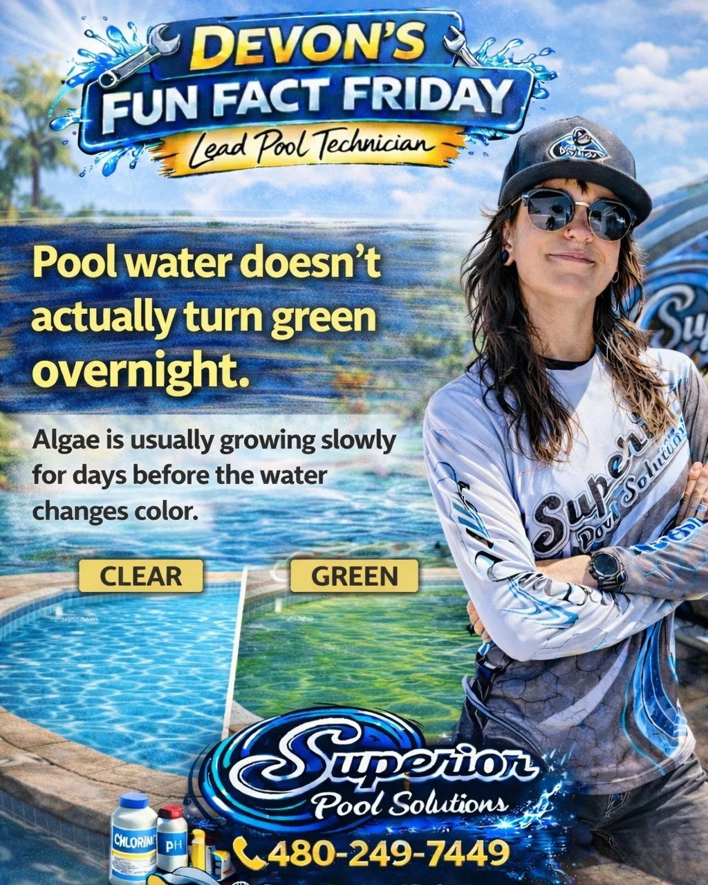 🚨 Fun Fact Friday with Devon 🚨

Pool water doesn&rsquo;t just turn green overnight&hellip;

Algae has usually been building up for days before you ever see it 👀

That&rsquo;s why consistent maintenance matters more than people think 💦