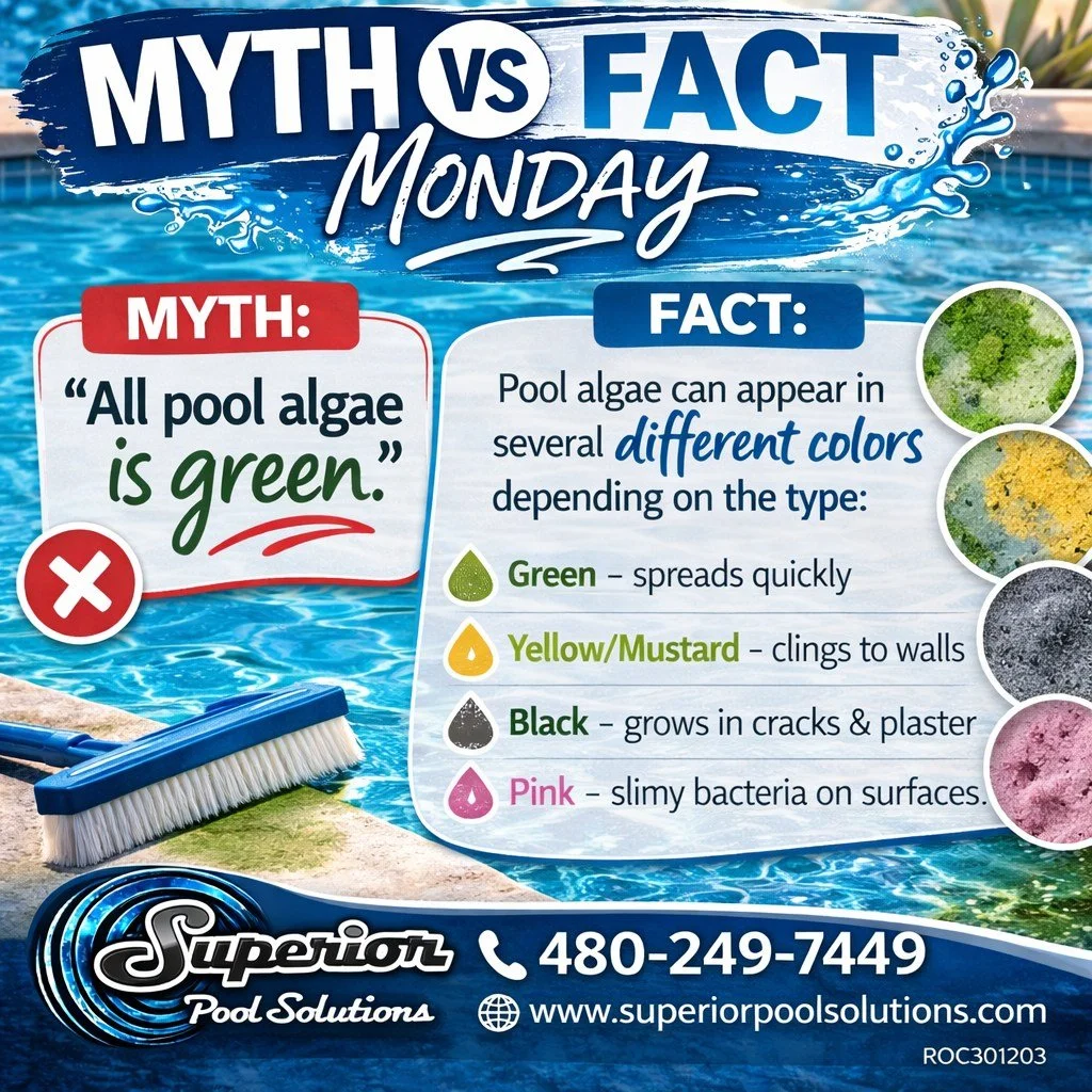 MYTH: All pool algae is green.

FACT: Algae can actually show up in several different colors&mdash;and each type behaves a little differently.

Green algae spreads quickly, yellow/mustard algae clings to walls, black algae digs into cracks, and that 