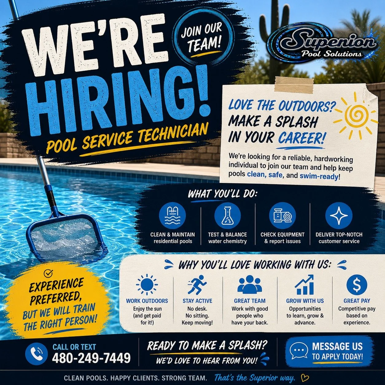 💦 We&rsquo;re Hiring a Pool Service Technician!

Want to work outdoors, stay active, and be part of a solid team?

We&rsquo;re looking for a reliable, hardworking pool tech to join us at Superior Pool Solutions.

What you&rsquo;ll be doing:
✔️ Clean
