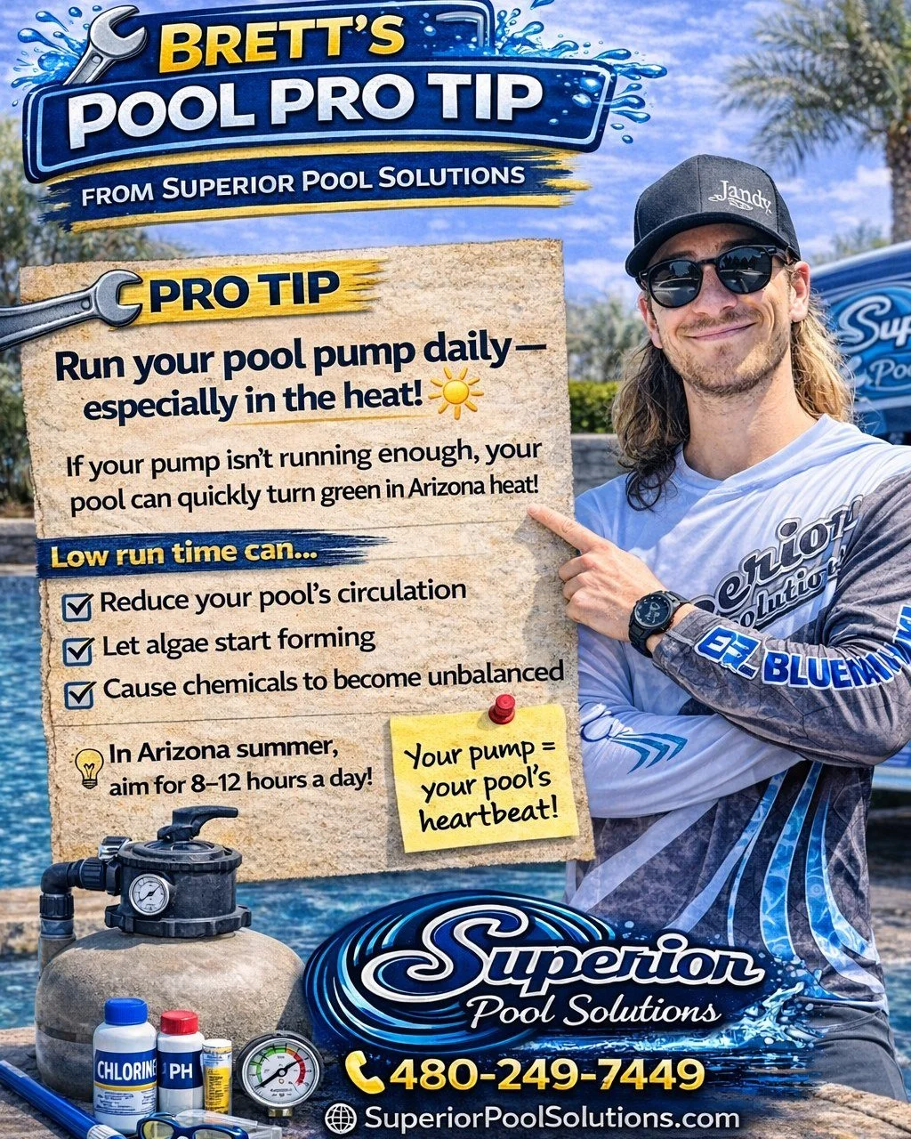 POOL PRO TIP 💧☀️

Arizona heat is no joke&mdash;and your pool feels it too.

If your pump isn&rsquo;t running enough each day, your water can go downhill fast. We&rsquo;re talking poor circulation, algae starting to form, and chemicals getting out o