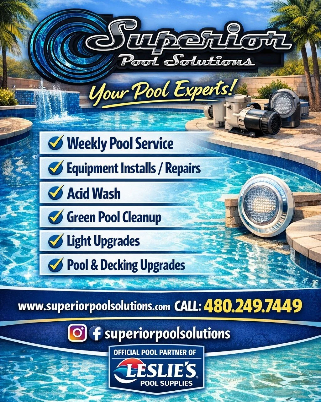 Superior Pool Solutions - Servicing the Northwest Valley for Pool Service, Repairs, Acid Wash, Equipment repairs and replacements, along with all of your other pool needs.  Give us a call at 480.249.7449 for a free estimate!