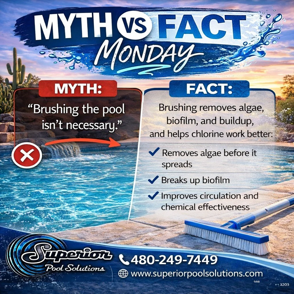 MYTH: Brushing the pool isn&rsquo;t necessary.
FACT: It&rsquo;s one of the most important things you can do to keep your pool clean and healthy.

Brushing doesn&rsquo;t just make your pool look better&mdash;it actually helps your chemicals do their j