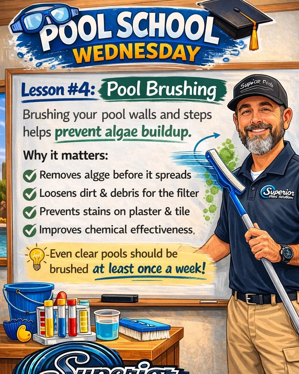 🎓 Pool School Wednesday &ndash; Lesson #4: Brushing

Think your pool looks clean? That doesn&rsquo;t mean it is clean 👀

Brushing your pool walls and steps is one of the easiest ways to prevent algae before it ever becomes a problem.

💦 Breaks up 
