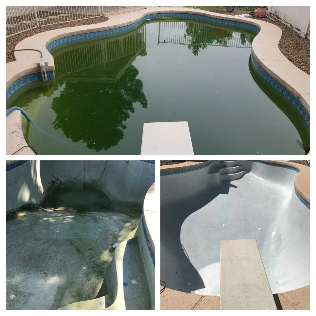 From green&hellip; to clean 💪💦

This one didn&rsquo;t happen overnight&mdash;but the results speak for themselves 👇

🟢 Algae-filled, stagnant water
⬇️
⚪ Drained, cleaned, and ready for a fresh start

In Arizona heat, pools can turn fast&mdash;but