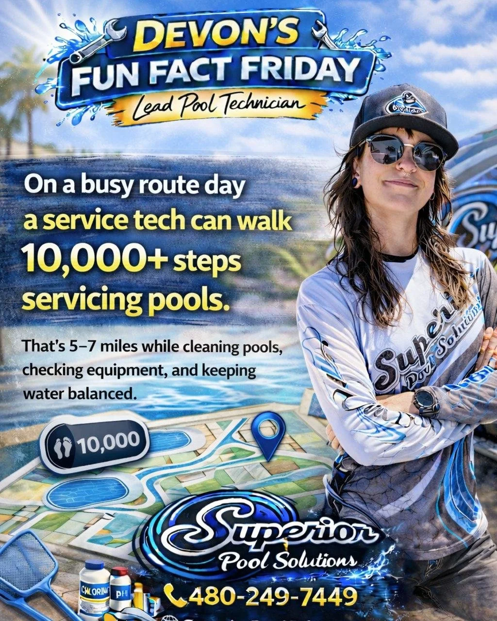😎 Devon&rsquo;s Fun Fact Friday

Think pool service is easy? Think again 👇

On a busy route day, our techs can walk 10,000+ steps&mdash;that&rsquo;s 5&ndash;7 miles 💪

All while:
💦 Cleaning pools
🔧 Checking equipment
🧪 Keeping water balanced

?