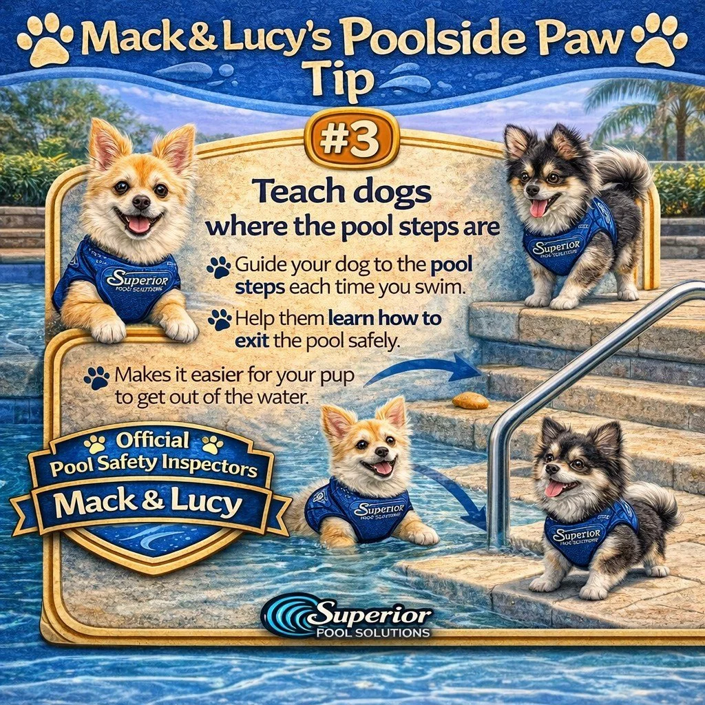 🐾 Mack &amp; Lucy&rsquo;s Poolside Paw Tip #3

Did you know dogs don&rsquo;t automatically know how to get out of a pool?

Teaching your pup where the steps are can make all the difference 👇

🐶 Guide them to the steps each time
🐶 Help them learn 