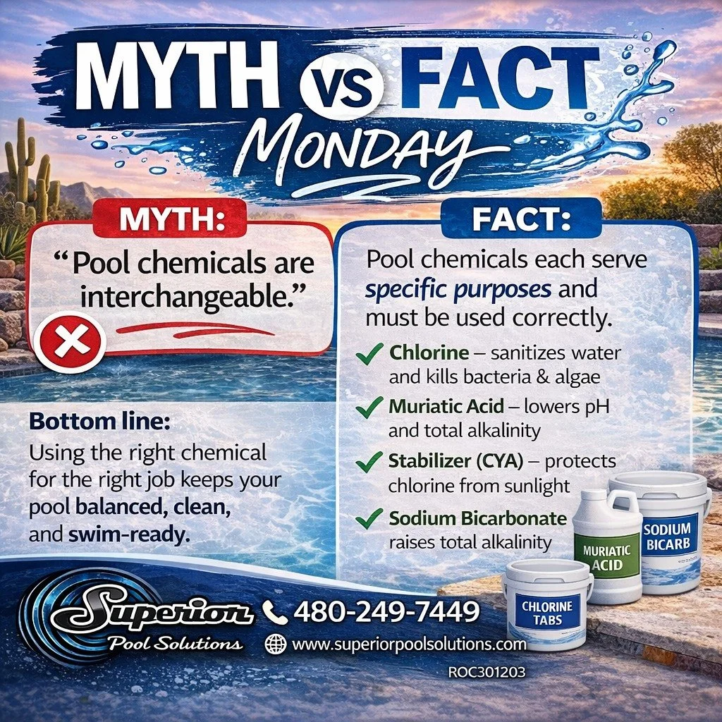 MYTH: Pool chemicals are interchangeable.

FACT: Each one has a specific job&mdash;and using the wrong one can throw your whole pool off.

👉 Bottom line: The right chemical at the right time keeps your pool balanced, clear, and swim-ready.

📞 Not s