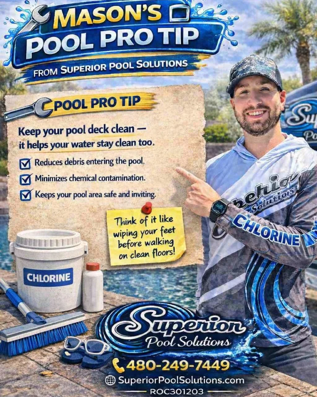 POOL PRO TIP 💧🧹

Your pool doesn&rsquo;t just get dirty from what&rsquo;s in the water&hellip;
it gets dirty from everything around it too.

Leaves, dirt, grass, dust&mdash;even stuff on your feet&mdash;all end up in the pool eventually. And once i