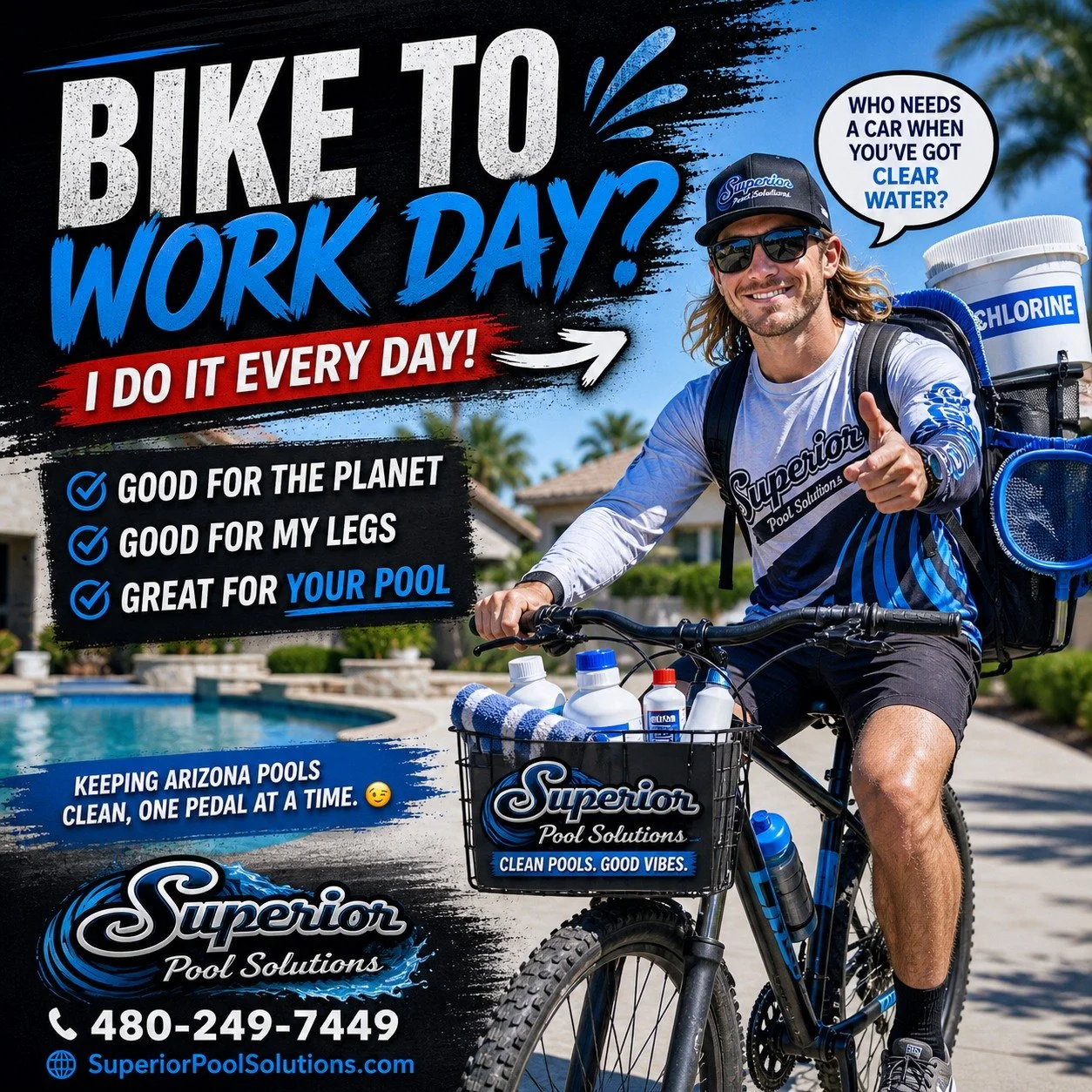 NATIONALBIKE TO WORK DAY? 🚲

Yeah, We&rsquo;ll stick to the truck&hellip;

All jokes aside&mdash;no matter how we get there,
your pool is getting cleaned, balanced, and swim-ready.

📞 480-249-7449
💧 SuperiorPoolSolutions.com