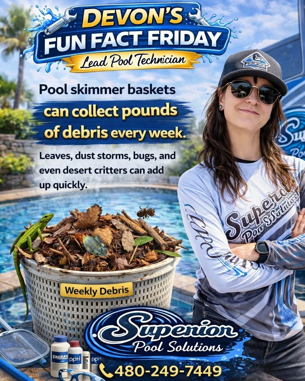 😎 Devon&rsquo;s Fun Fact Friday

Think your skimmer basket just catches a few leaves? Think again 👇

Pool skimmer baskets can collect POUNDS of debris every week 💦

🌵 Leaves
🌪 Dust storms
🪲 Bugs
🦎 And the occasional desert critter&hellip;

👉 