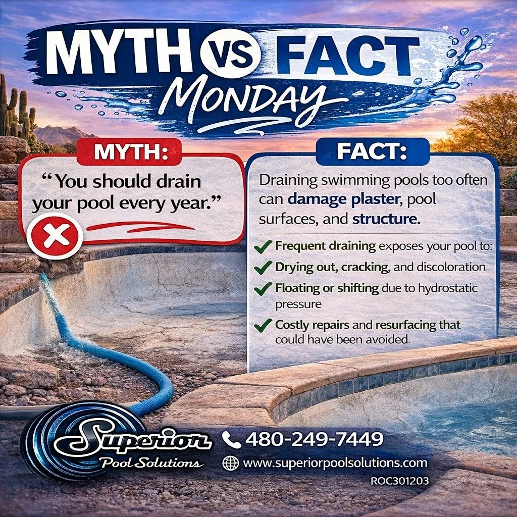 MYTH: You should drain your pool every year.

FACT: Draining too often can actually cause serious damage.

In Arizona, emptying your pool unnecessarily can lead to cracking, shifting, and expensive repairs.

👉 Bottom line: Most pools do not need to 