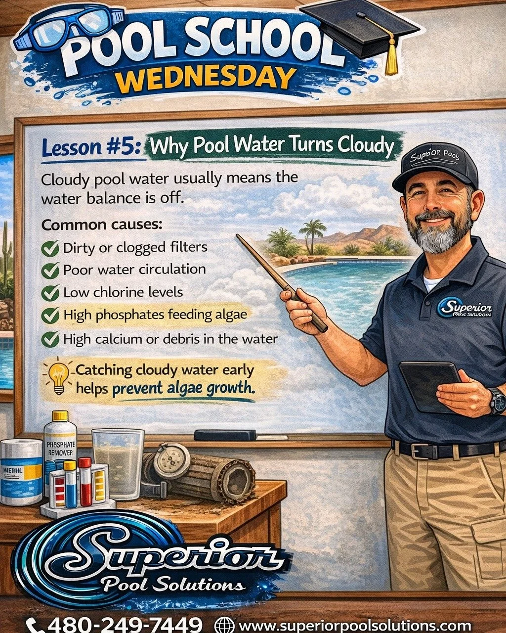 🎓 Pool School Wednesday &ndash; Lesson #5: Why Pool Water Turns Cloudy

If your pool starts looking cloudy, it&rsquo;s usually your first warning sign that something is off 👀

Common causes include:
💦 Poor circulation
💦 Dirty or clogged filters
?