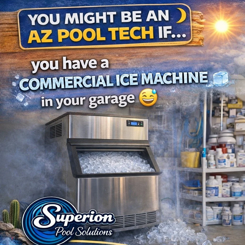 You might be an AZ pool tech if&hellip; 😅

You&rsquo;ve got a commercial ice machine in your garage ❄️

Because when it&rsquo;s 110&deg;+ outside&hellip;
👉 staying cool isn&rsquo;t optional

How do you stay cool out there?