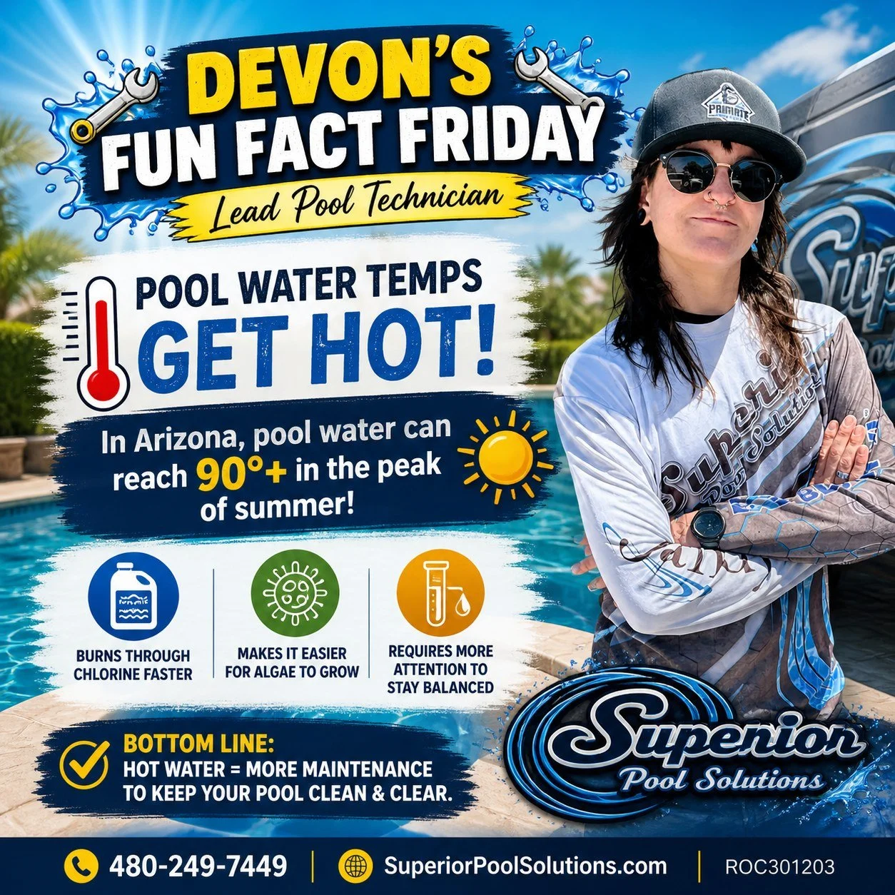😎 Devon&rsquo;s Fun Fact Friday

Think your pool is cooling you off in the summer? 👀

In Arizona, pool water can hit 90&deg;+ during peak heat ☀️🔥
At that point&hellip; it&rsquo;s basically bath water 😅

👉 Hot water also:
💦 Burns through chlori
