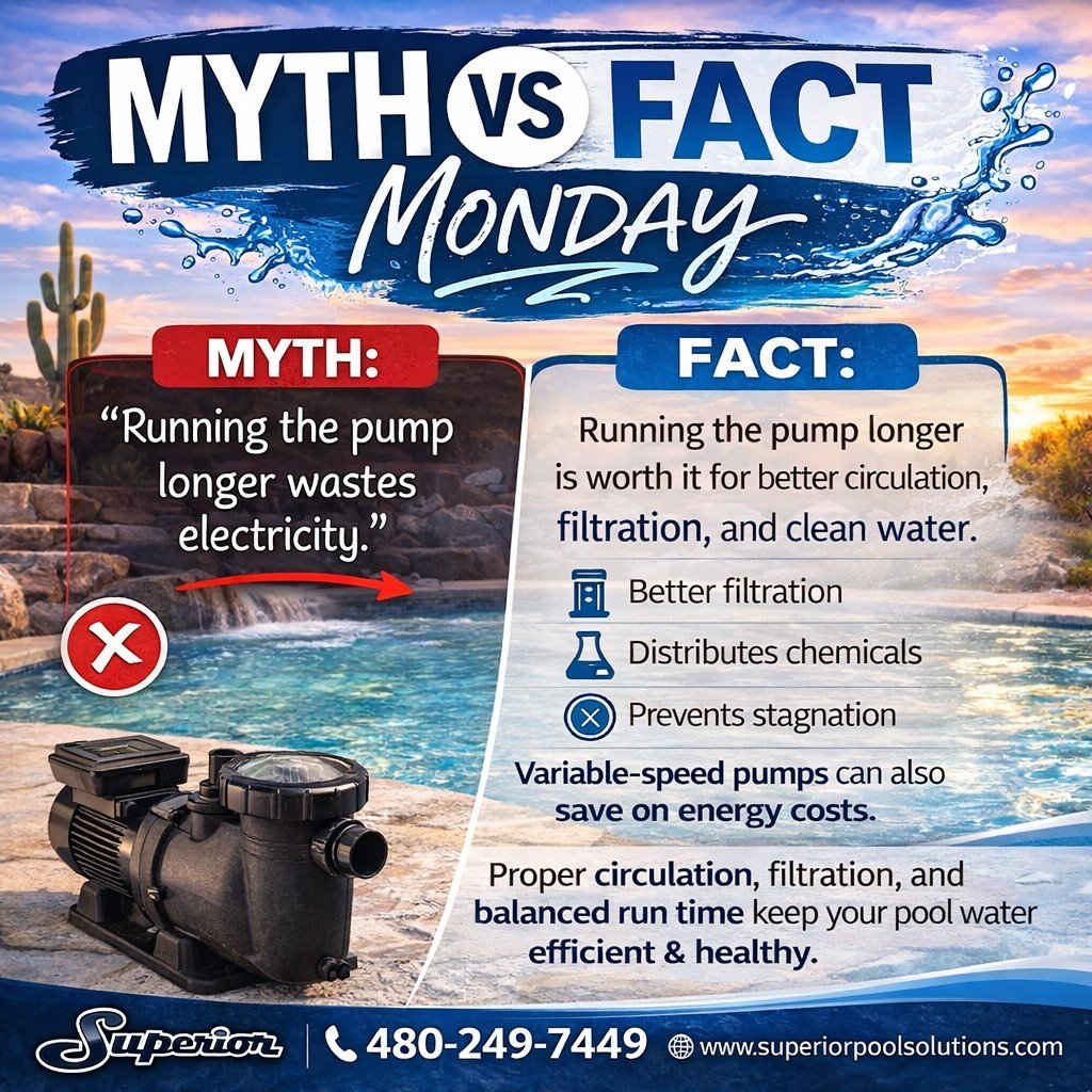 MYTH: Running your pool pump longer wastes electricity.

FACT: Proper run time actually keeps your pool cleaner and healthier.

Running your pump helps circulate water, filter out debris, and distribute chemicals evenly&mdash;especially important in 