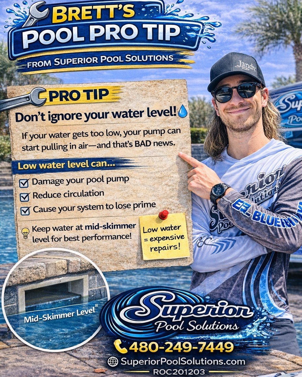 💡 Brett&rsquo;s Pool Pro Tip: Don&rsquo;t ignore your water level!

It might seem like a small thing, but low water can cause some big problems 👇

⚠️ Your pump can start pulling in air
⚠️ Circulation drops off
⚠️ You can lose prime (and that&rsquo;