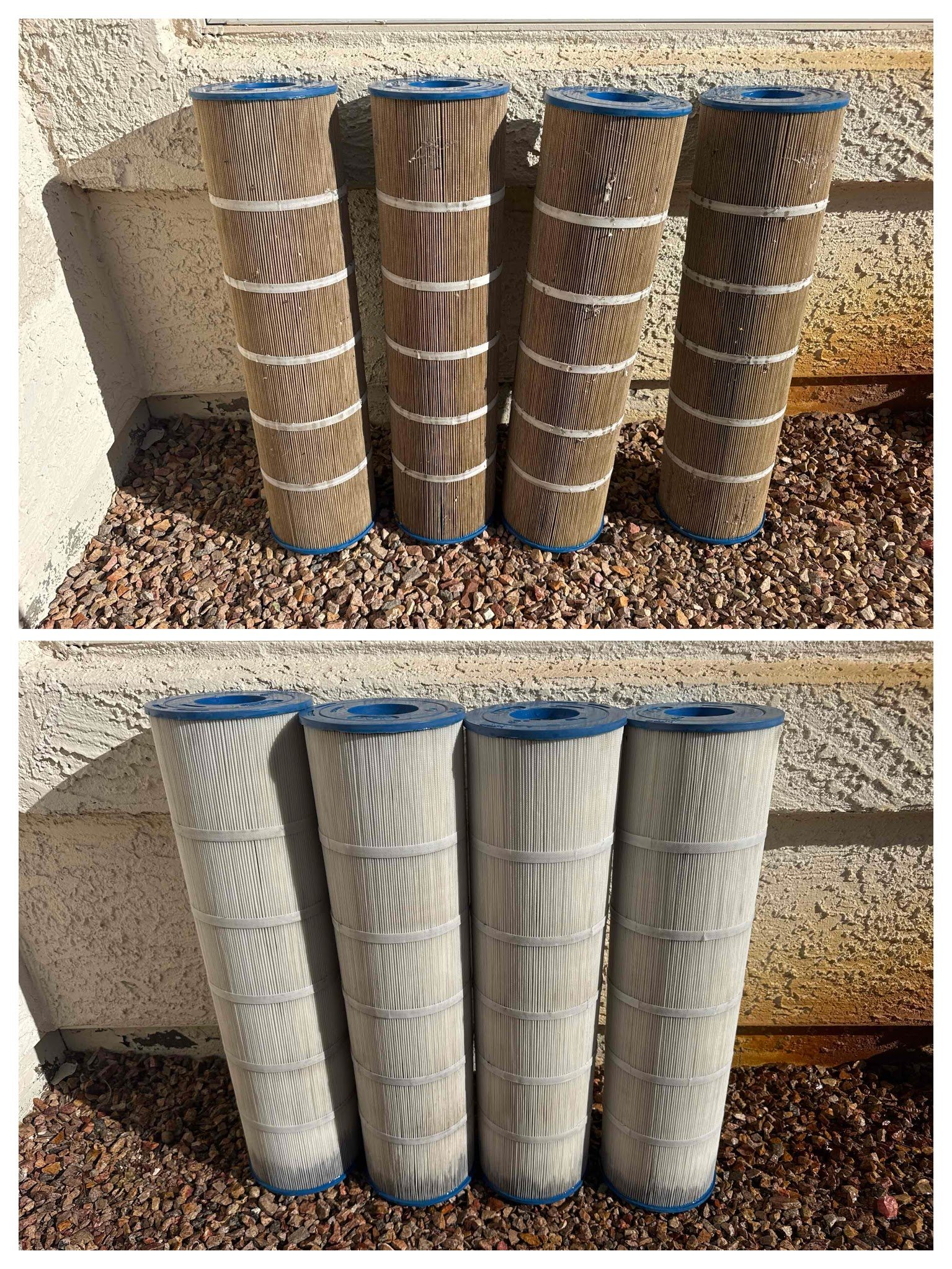 Filter cleaning day. 👀🧼

This is exactly why regular filter maintenance matters.
The top photo shows filters before cleaning&hellip; the bottom photo is after. Huge difference.

Dirty filters restrict water flow, make your equipment work harder, re