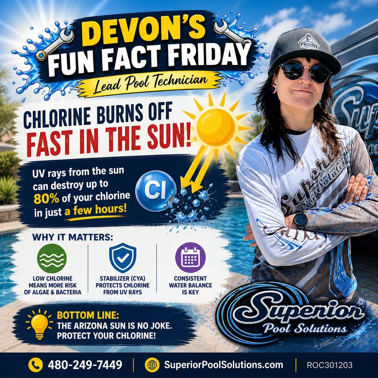 ☀️ DEVON&rsquo;S FUN FACT FRIDAY ☀️

Did you know Arizona sun can destroy chlorine FAST? 😳

UV rays can burn off up to 80% of your chlorine in just a few hours during the summer months. That means even if your pool looked perfect yesterday, low chlo