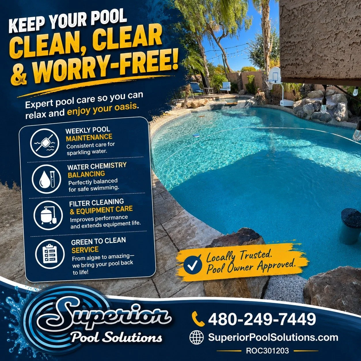 🏊 Keep Your Pool Clean, Clear &amp; Worry-Free! ☀️

Arizona pools work hard year-round, and regular maintenance is the key to keeping your water crystal clear and your equipment running smoothly.

At Superior Pool Solutions, we provide:

✅ Weekly Po