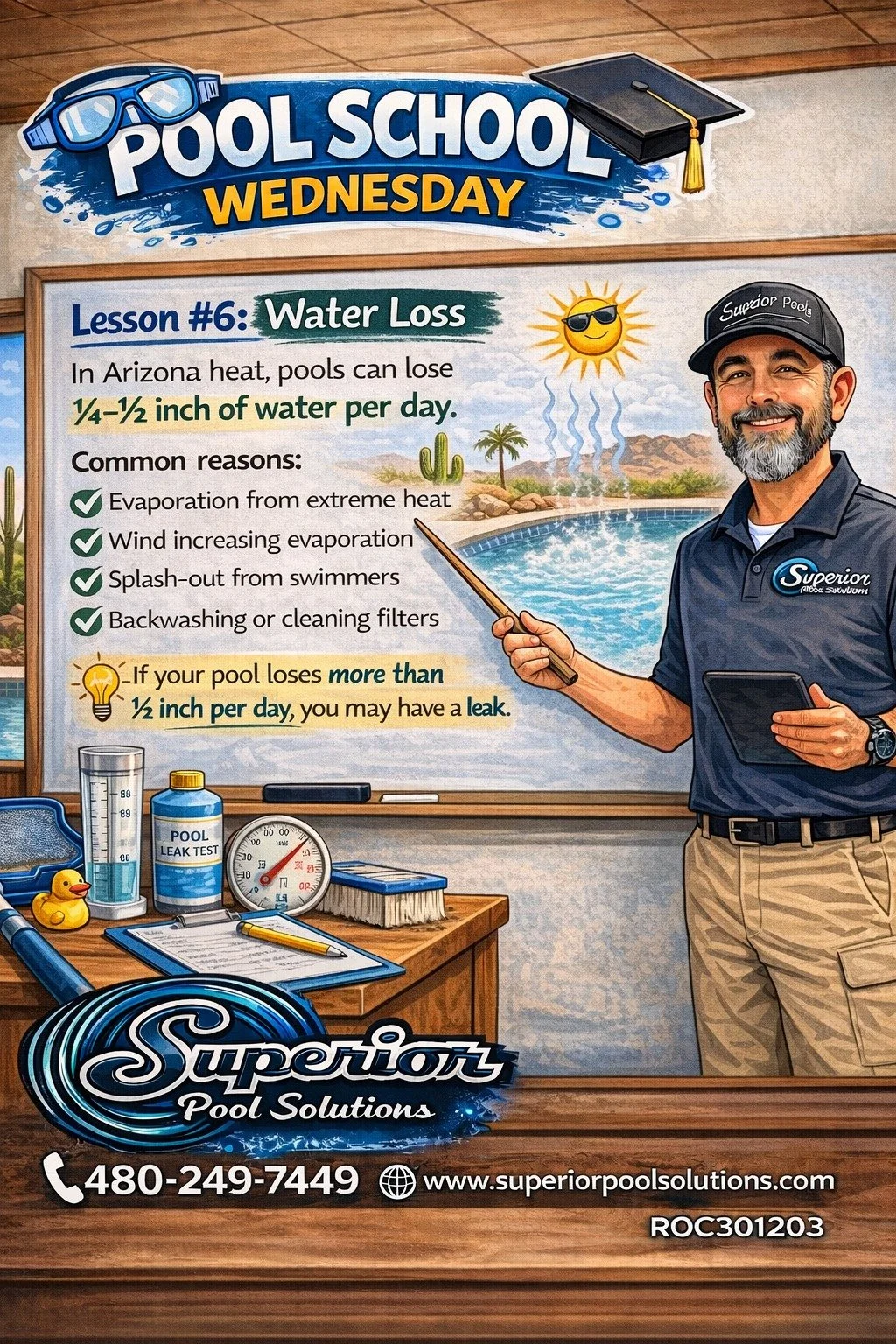 🏫 Pool School Wednesday &ndash; Lesson #6: Water Loss 💦

Living in Arizona means your pool is constantly battling the heat. During the summer months, it's completely normal for a pool to lose &frac14; to &frac12; inch of water per day due to evapor
