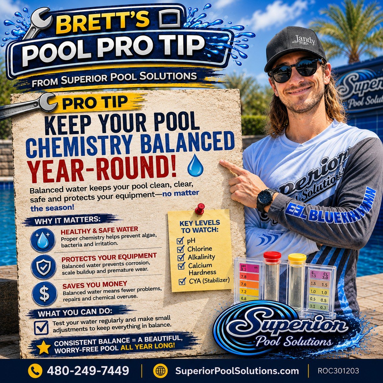 🔧 BRETT'S POOL PRO TIP

💧 Keep your pool chemistry balanced all year long!

Many pool owners think they only need to pay attention to water chemistry during the summer. The truth is, balanced water is important every day of the year.

Proper water 