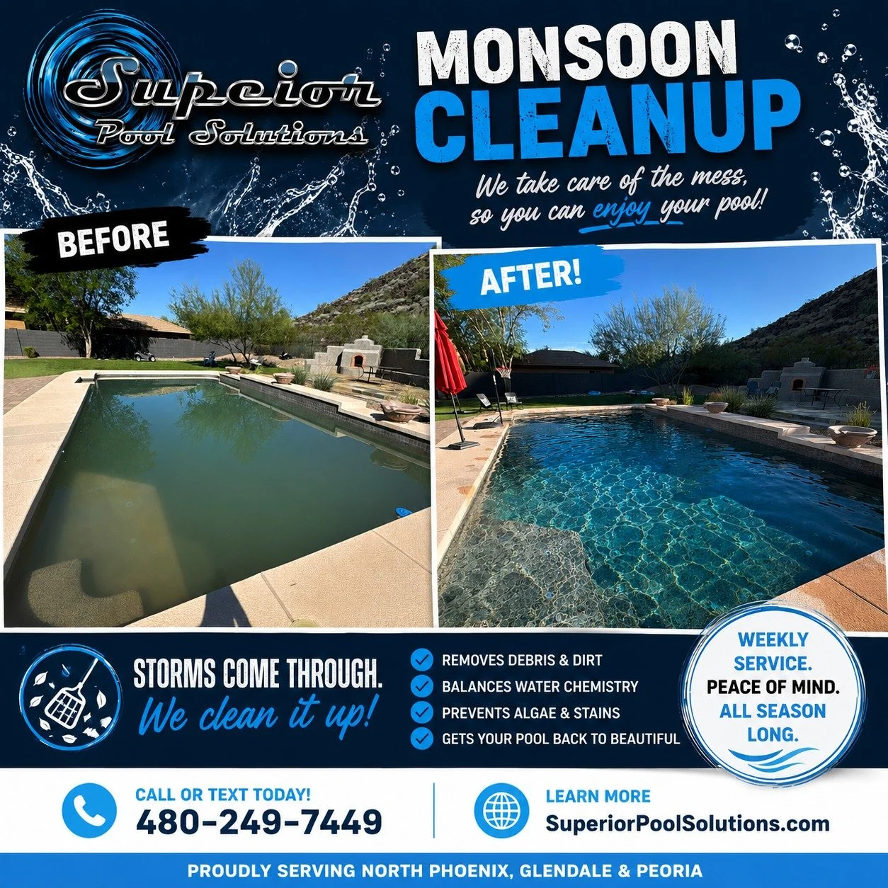 🌧️ Monsoon season can turn your backyard oasis into a swamp overnight... but it doesn't have to stay that way!

One storm can leave your pool filled with dirt, debris, and algae. The good news? We can bring it back.

✨ Before ➡️ After

Our team remo