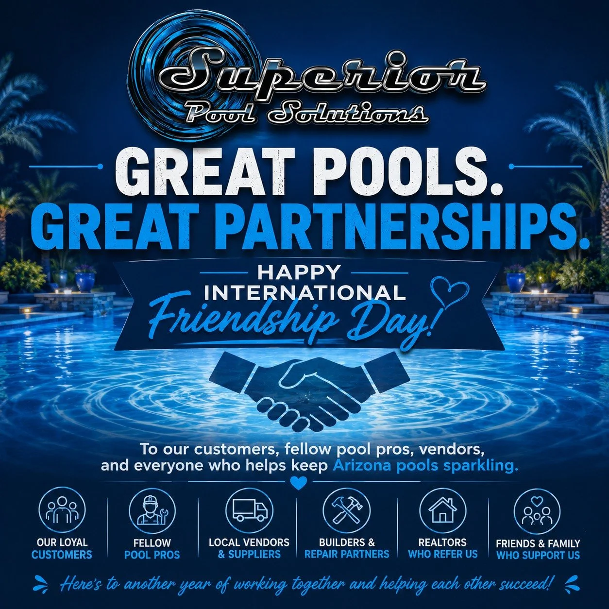 💙 Happy International Friendship Day! 💙

Owning a small business is about so much more than cleaning pools&mdash;it's about the relationships we build along the way.

Today, we'd like to say thank you to everyone who has been part of our journey:

