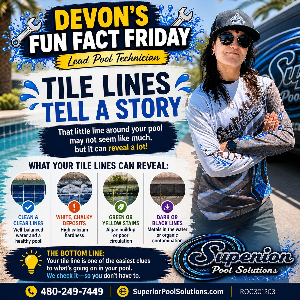 🔧 DEVON'S FUN FACT FRIDAY

🧱 Your pool's tile line can tell you a lot about what's happening beneath the surface!

That ring around your pool isn't just cosmetic&mdash;it can provide valuable clues about your water chemistry and overall pool health