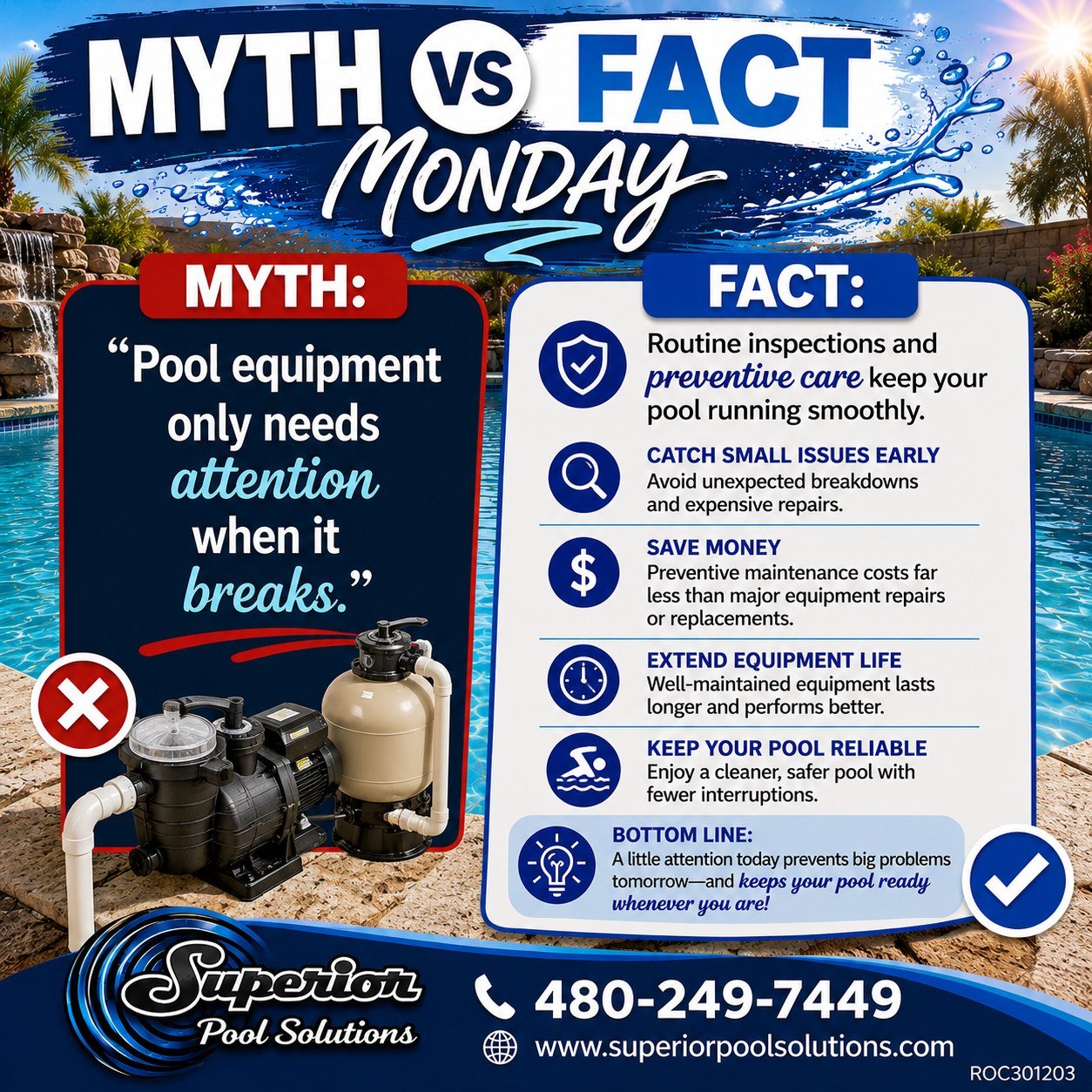 🔵 MYTH vs. FACT MONDAY

❌ MYTH: "Pool equipment only needs attention when it breaks."

✅ FACT: Waiting until something fails is often the most expensive approach.

Your pool pump, filter, valves, and other equipment work hard every day&mda