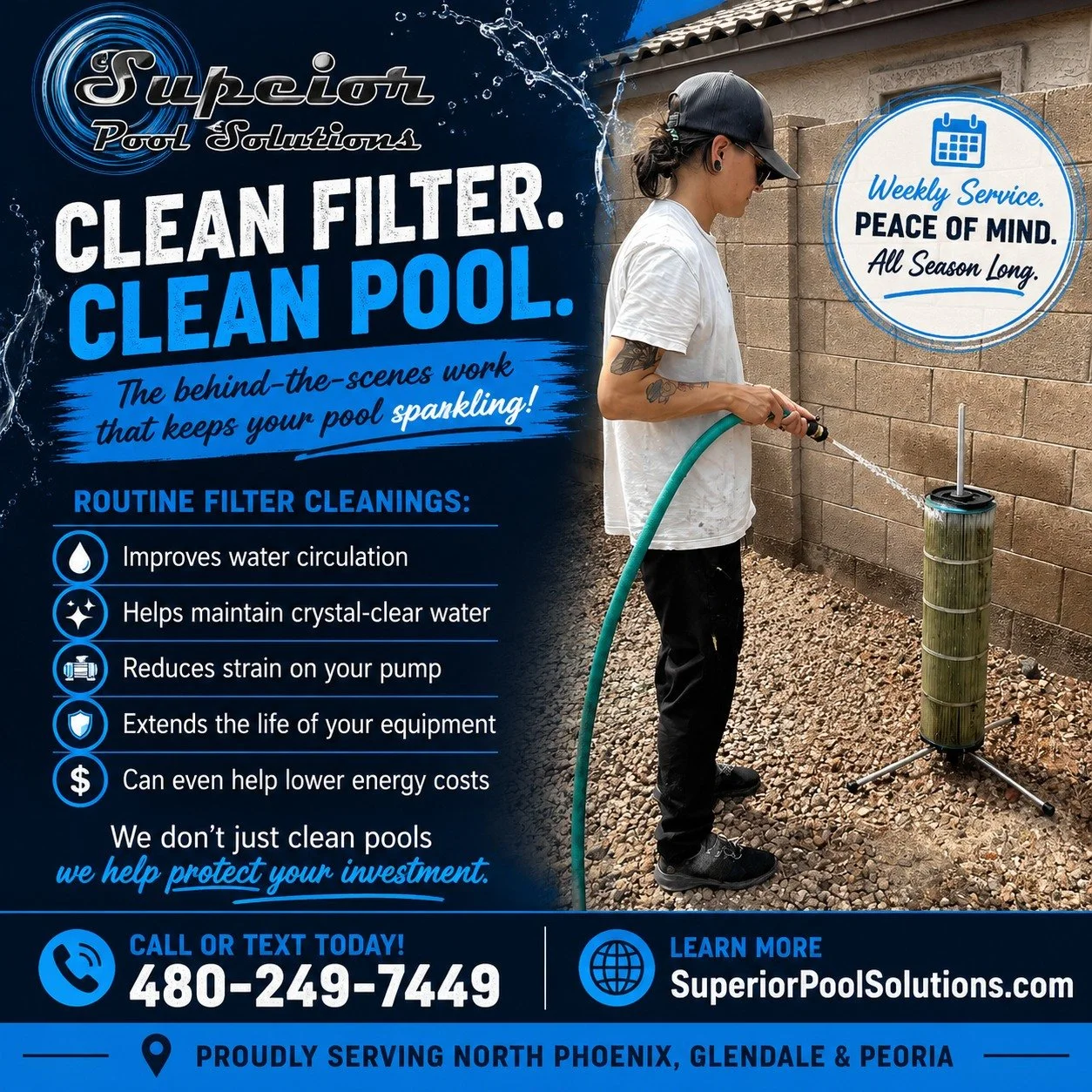 🛠️ What's one of the most important parts of your pool that you never see?

Your pool filter.

It quietly traps dirt, debris, oils, pollen, and other contaminants day after day. But when it becomes clogged, your pool has to work much harder to stay 