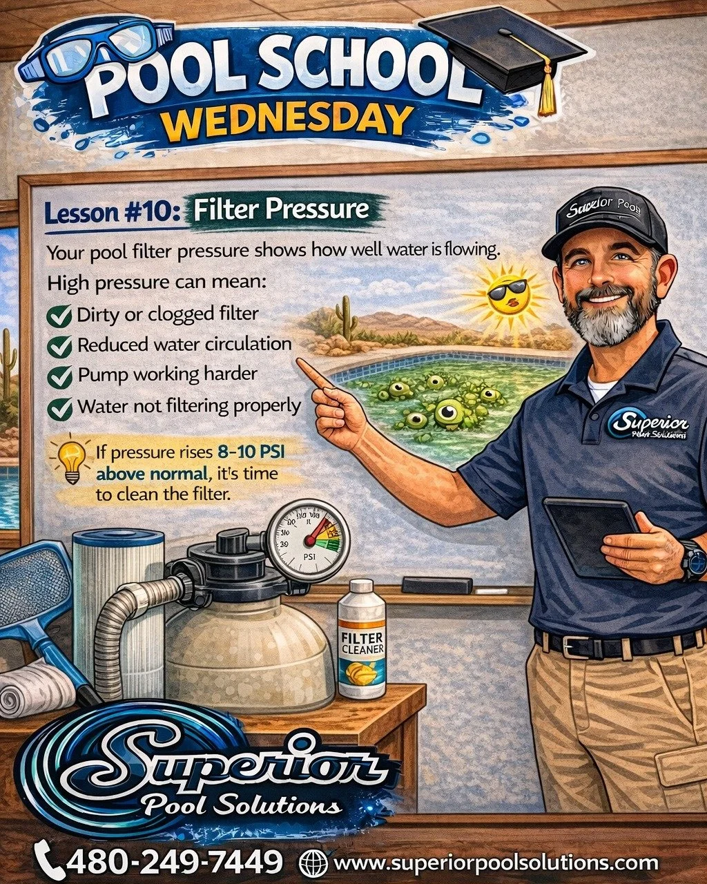 POOL SCHOOL WEDNESDAY &ndash; Lesson #10: Filter Pressure

Did you know your pool's pressure gauge is one of the most important tools on your equipment pad?

That little gauge tells you how hard your filter is working&mdash;and when it's time for mai