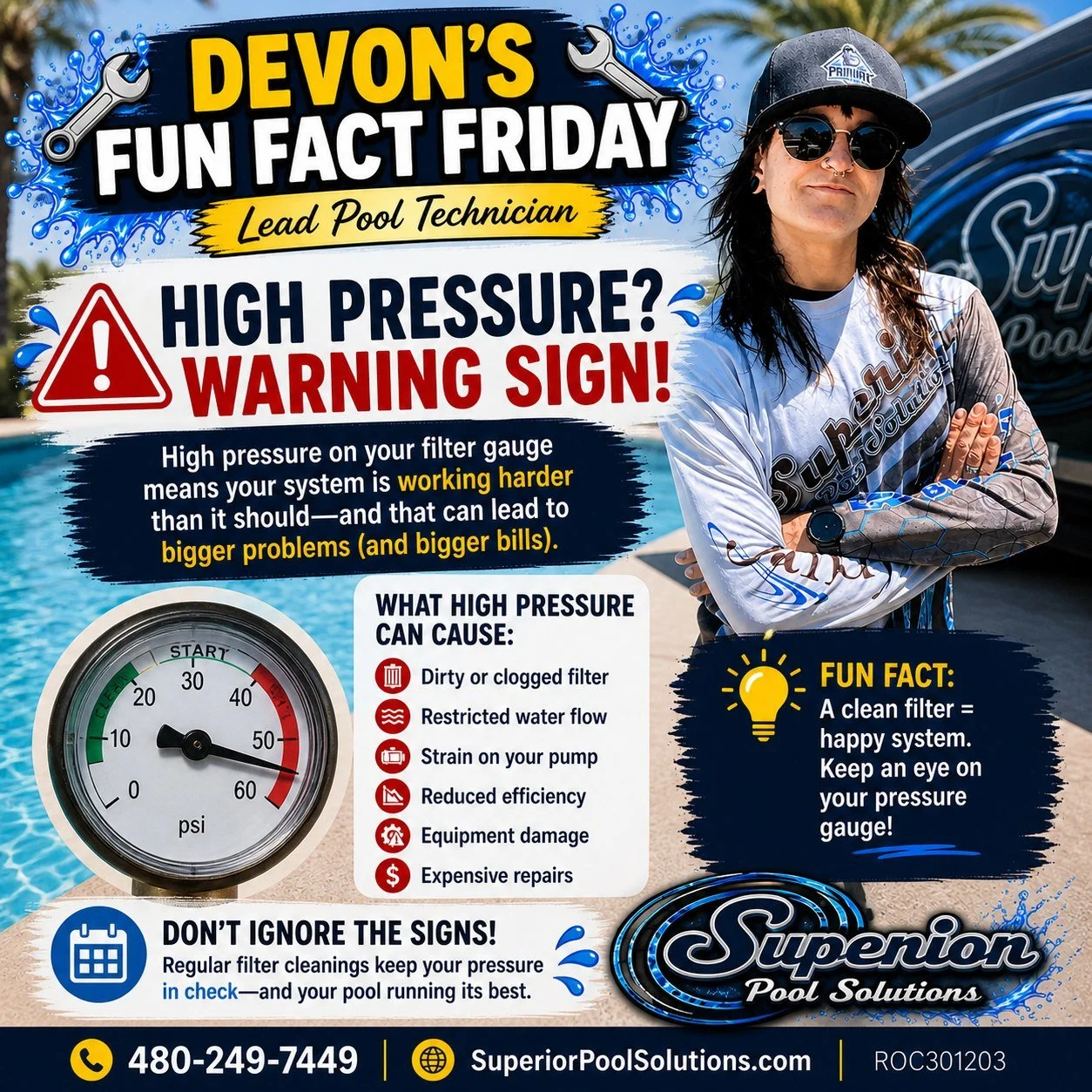💡 DEVON'S FUN FACT FRIDAY! 💡

Did you know that high pressure on your pool filter gauge is a warning sign? 🚨

If your pressure gauge is reading higher than normal, your pool system is working harder than it should. Ignoring it can lead to poor cir