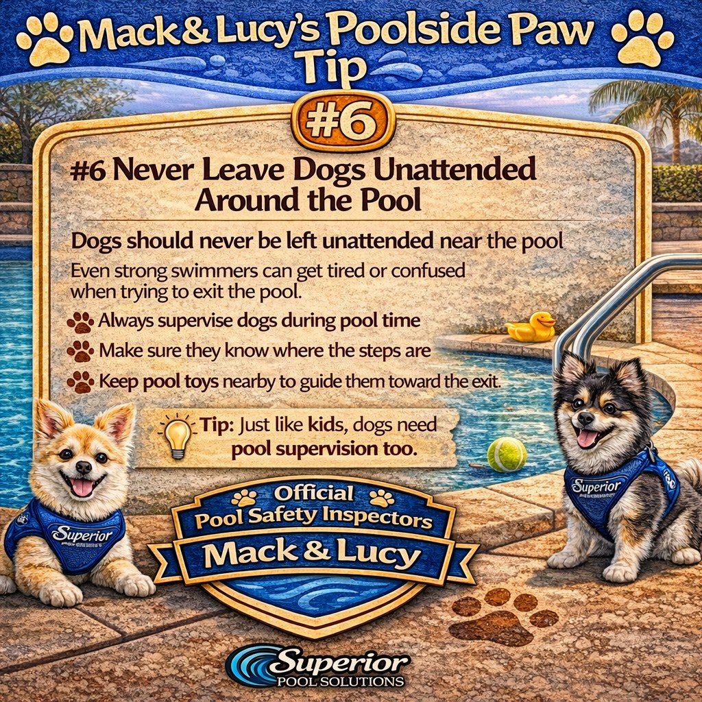 🐾 Mack &amp; Lucy's Poolside Paw Tip #6 🐾

Just because a dog can swim doesn't mean they're always safe around the pool.

Even strong swimmers can become tired, confused, or panic if they can't find the steps to get out. That's why dogs should neve