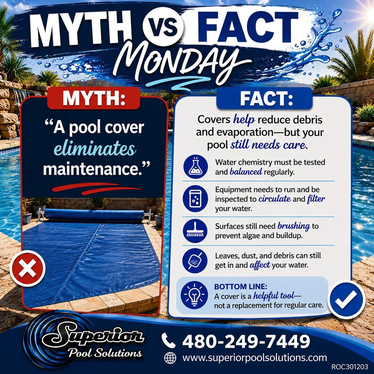 🛟 MYTH vs. FACT MONDAY! 🛟

❌ MYTH: A pool cover eliminates maintenance.

✅ FACT: A pool cover is a great tool&mdash;but it doesn't replace regular pool care.

Pool covers can help:
✔ Reduce evaporation
✔ Keep out some leaves and debris
✔ Help retai
