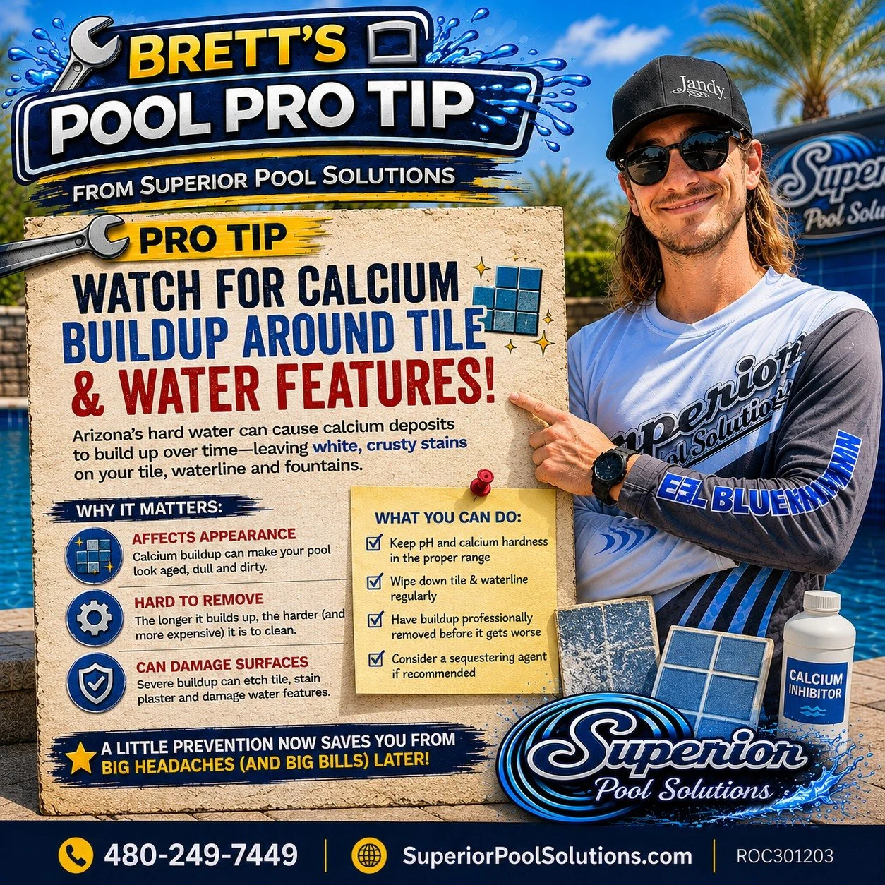 🔧 BRETT'S POOL PRO TIP! 🔧

Don't let calcium buildup take over your pool! 💦

If you've noticed white, chalky deposits around your pool tile, waterline, or water features, you're seeing one of the most common issues Arizona pool owners face.

Our h