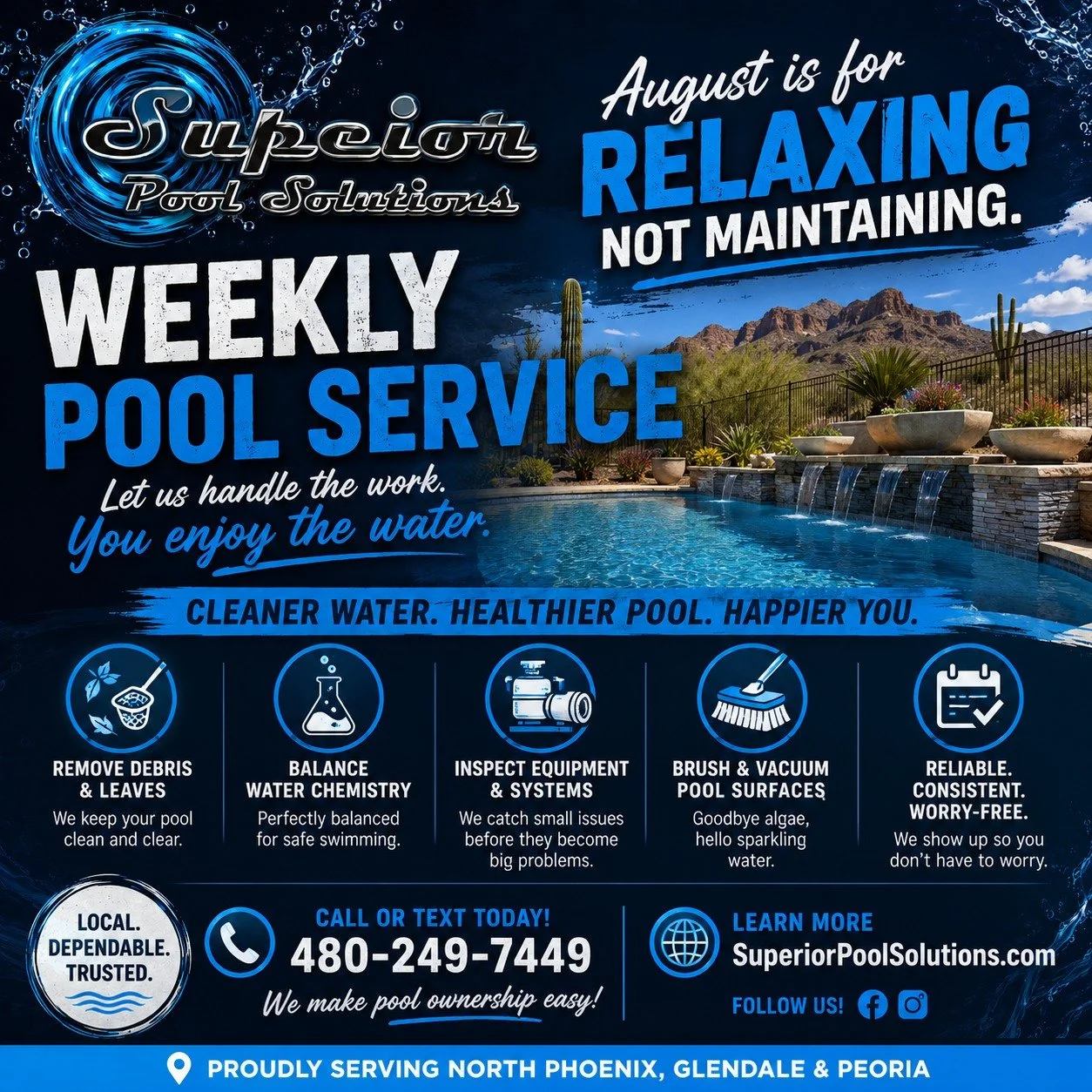 ☀️ August is for relaxing... not maintaining your pool.

The Arizona heat isn't taking a break, and neither is your pool.

Between soaring temperatures, monsoon dust, and constant use, your pool needs regular care to stay clean, balanced, and swim-re