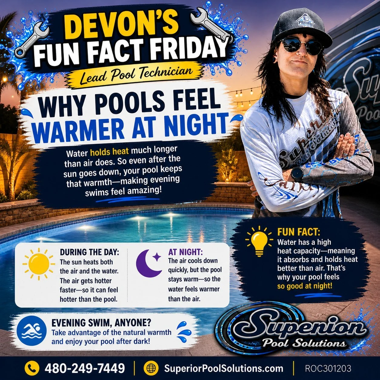 💡 DEVON'S FUN FACT FRIDAY! 💡

Ever notice your pool feels warmer at night? 🌙🏊

You're not imagining it!

During the day, the sun heats both the air and the water&mdash;but the air warms up much faster, often making the pool feel cool by compariso